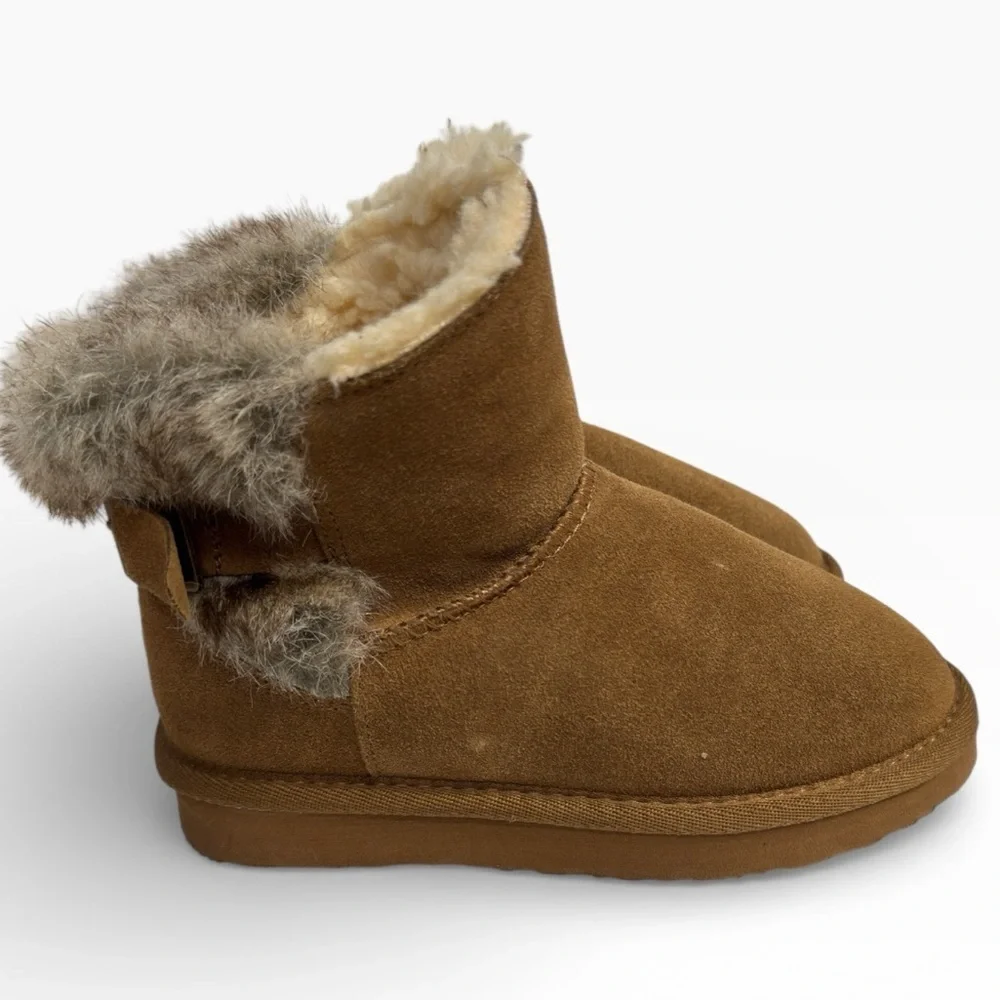 Paws by Bearpaw Chestnut Suede Shorty Boots Fur Lined Buckle Kids US 13
